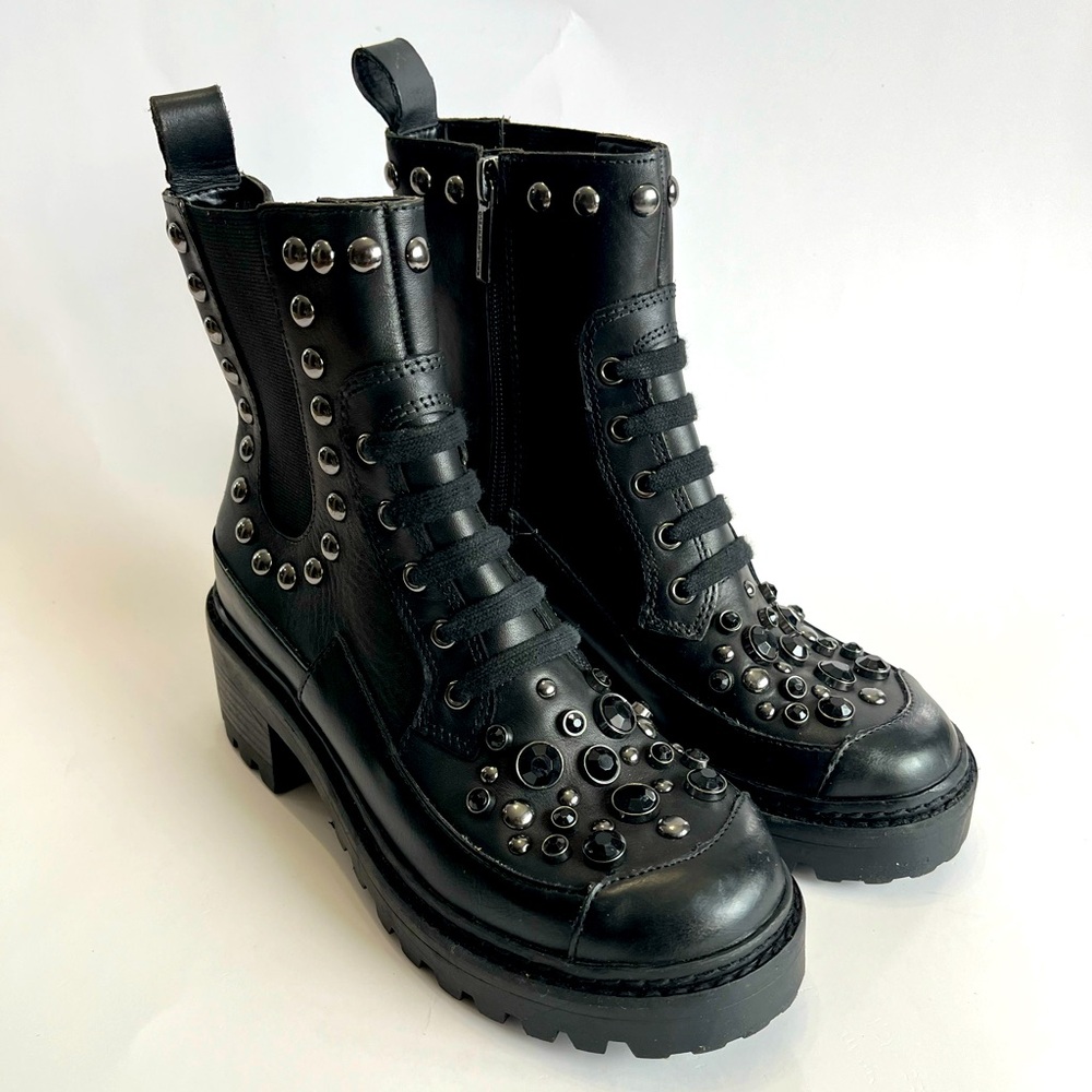 Karl Lagerfeld Paris Women's 5.5M Breck Studded Boots Platform Combat Block Heel